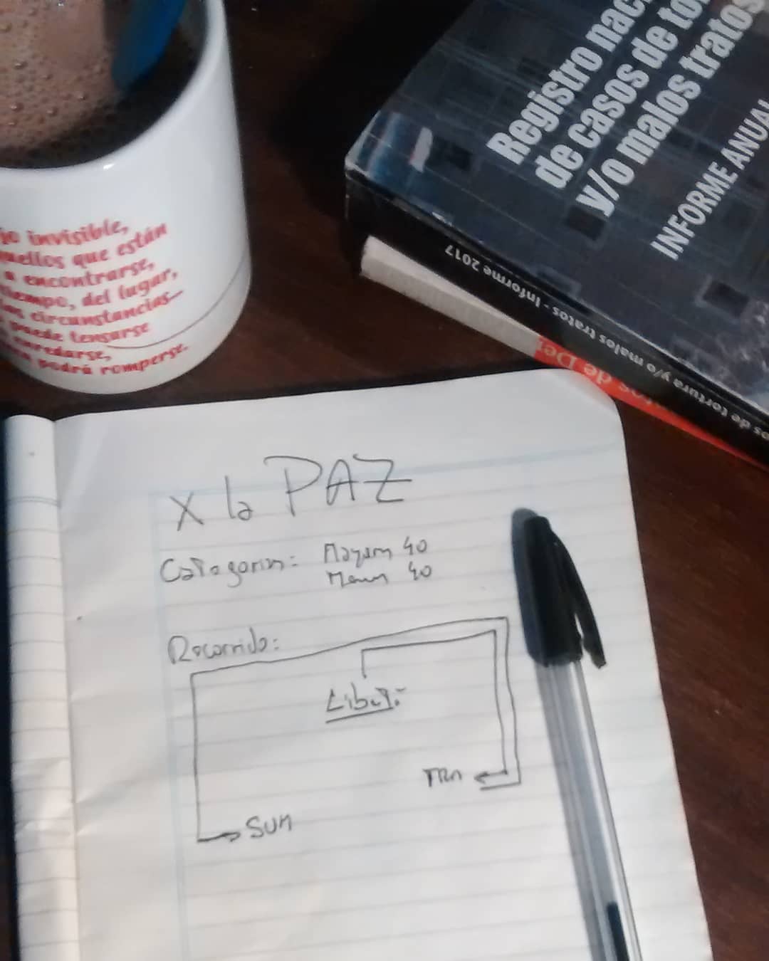 Anotaciones de pampa organizando la 1er maratón por la paz