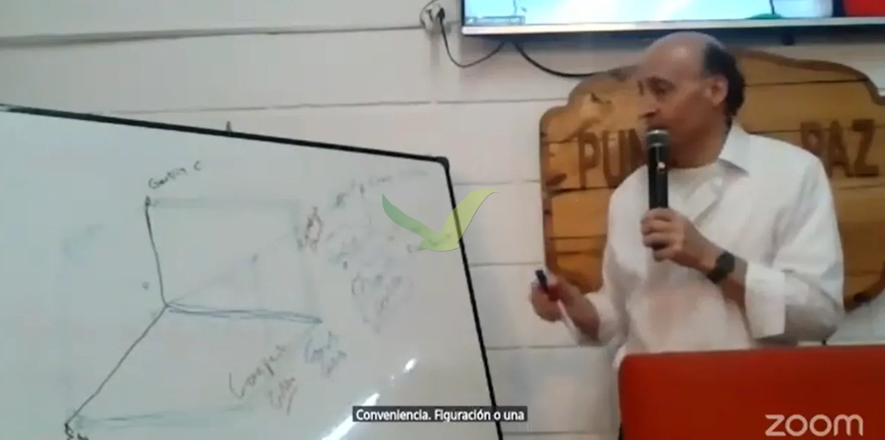 Terneus señala el gráfico tridimensional del conflicto, ya completo, en el pizarrón