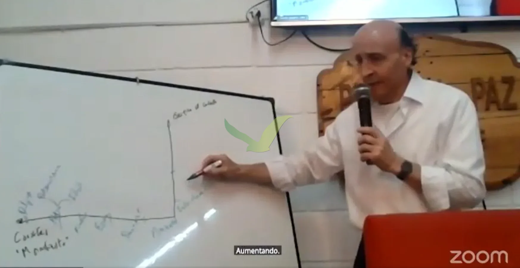 Hernán Alberto Terneus dibuja en el pizarrón los ejes del conflicto durante la clase, en el salón del Punto de Paz