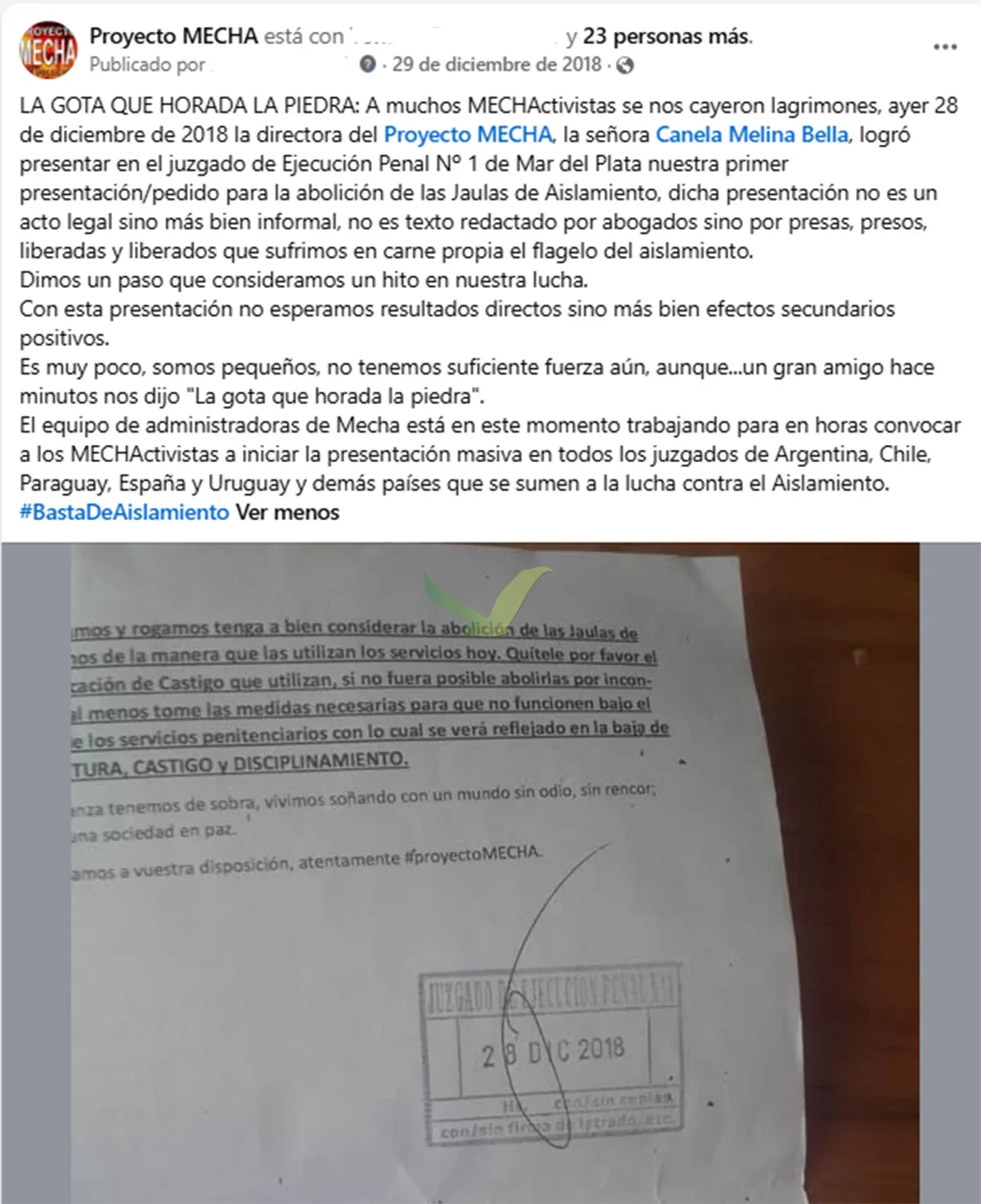 Captura del Facebook de Proyecto MECHA del 29 de diciembre de 2018 titulada 'LA GOTA QUE HORADA LA PIEDRA', con foto del escrito ingresado al Juzgado de Ejecución Penal N°1 con sello del 28 DIC 2018